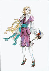 Rule 34 | 1girl, aged down, ahoge, androgynous, blonde hair, blue eyes, bouquet, breasts, capri pants, castlevania (series), castlevania: dracula x chronicles, charcoal (medium), child, flower, frills, full body, hair ribbon, high collar, high heels, highres, holding, kojima ayami, konami, lace, long hair, long sleeves, looking up, low ponytail, maria renard, official art, oil painting (medium), painting (medium), pale skin, pants, pantyhose, ponytail, print pantyhose, puffy long sleeves, puffy sleeves, ribbon, sash, scan, shirt, shoes, side slit, simple background, small breasts, solo, standing, tiptoes, traditional media, very long hair, victorian, wavy hair, whip, white background, white pantyhose