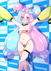Rule 34 | 1girl, areola slip, armpits, arms up, bikini, blue hair, blush, breasts, cameltoe, cleft of venus, colored pubic hair, covered erect nipples, creatures (company), detached sleeves, female pubic hair, game freak, grin, hair ornament, highres, iono (pokemon), long hair, looking at viewer, micro bikini, multicolored hair, multicolored pubic hair, navel, nintendo, pink hair, pokemon, pokemon sv, pubic hair, purple eyes, sharp teeth, small breasts, smile, solo, sukumo (kemutai), sweat, swimsuit, teeth, thigh strap, thighs, two-tone hair, two-tone pubic hair, very long hair