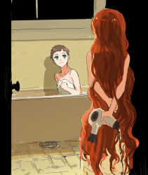 Rule 34 | 2girls, arms behind back, bare shoulders, bathtub, brown hair, choroi amachori, drain (object), eye contact, frill (wonder egg priority), green eyes, hair dryer, highres, holding, holding hair dryer, hoshina azusa, indoors, long hair, looking at another, multiple girls, naked towel, nude, open door, short hair, sketch, towel, very long hair, very short hair, wonder egg priority