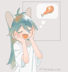 Rule 34 | 1girl, animal ears, antenna hair, aqua hair, artist name, bad id, bad tumblr id, blush, cat ears, chicken (food), chicken leg, closed eyes, fang, food, framed, furrowed brow, grey background, hair between eyes, hands on own cheeks, hands on own face, happy, imagining, long hair, niwabuki, open mouth, original, satonaka ruka, shirt, short sleeves, signature, simple background, smile, solo, thought bubble, upper body, white shirt
