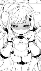 Rule 34 | 1girl, absurdres, ahoge, azur lane, bare shoulders, blunt bangs, breasts, character name, dress, eldridge (azur lane), foreshortening, from above, frown, greyscale, hair ornament, hairclip, highres, kedama milk, long hair, long sleeves, looking at viewer, looking up, monochrome, name tag, shaded face, short dress, small breasts, solo, thighhighs, very long hair