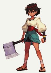 Rule 34 | 1girl, ajna (indivisible), axe, bike shorts, bracelet, bridal gauntlets, brown eyes, brown hair, dark-skinned female, dark skin, hungry clicker, indivisible, jewelry, puffy sleeves, sandals, sash, solo