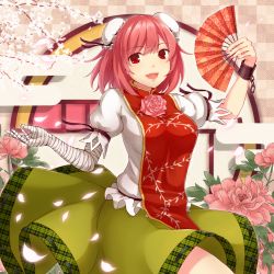 Rule 34 | 1girl, :d, bad id, bad pixiv id, bandaged arm, bandages, blush, branch, breasts, bun cover, checkered background, cherry blossoms, cow, cuffs, dabadhi, double bun, egasumi, eyebrows, fingernails, flower, folding fan, green skirt, hand fan, highres, holding, ibaraki kasen, large breasts, looking at viewer, open mouth, petals, pink flower, pink hair, plaid, puffy short sleeves, puffy sleeves, red eyes, red ribbon, ribbon, ribbon-trimmed skirt, ribbon trim, shackles, short hair, short sleeves, skirt, smile, solo, spring (season), tabard, tareme, thighs, touhou