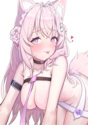 Rule 34 | 1girl, animal ear fluff, animal ears, antenna hair, arm belt, armpit crease, belt, bent over, black choker, blue eyes, blush, braid, braided bun, breasts, chest belt, choker, cleavage, closed mouth, collarbone, commentary, crown braid, double bun, gradient eyes, hair bun, hair ornament, hair ribbon, hakui koyori, heart, heart choker, heart in eye, highres, hololive, large breasts, long hair, multicolored eyes, naked necktie, necktie, nude, pink hair, pink necktie, pink ribbon, pink tail, purple eyes, purple trim, ribbon, simple background, smile, solo, symbol in eye, tail, thighs, tongue, tongue out, virtual youtuber, wattai, white background, white belt, wolf ears, wolf girl, wolf tail