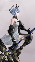Rule 34 | 1girl, animal ears, azur lane, bare shoulders, black gloves, black thighhighs, blue hair, bob cut, breasts, closed mouth, elbow gloves, gascogne (azur lane), gauntlets, gloves, grey background, hairband, highres, holding, holding weapon, huge weapon, kdm (ke dama), knee pads, knee up, large breasts, mechanical ears, medium hair, multicolored hair, pantyhose, polearm, profile, solo, standing, streaked hair, thighhighs, weapon, yellow eyes
