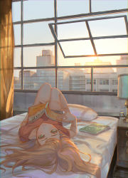 Rule 34 | 1girl, bed, blue eyes, book, brown hair, day, highres, holding, holding book, indoors, lamp, long hair, looking at viewer, lying, on back, on bed, original, pillow, shoichi (ekakijin), solo, upside-down, window