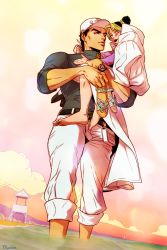 Rule 34 | 1boy, 1girl, artist name, barefoot, beach, belt, black hair, blonde hair, blue eyes, braid, carrying, child, cloud, coat, double bun, earrings, father and daughter, hat, highres, holding, holding shoes, jewelry, jojo no kimyou na bouken, kuujou jolyne, kuujou joutarou, lighthouse, marion-ville, ocean, open mouth, pants, pants rolled up, pouch, shoes, sky, smile, stud earrings, turtleneck, wrist cuffs, aged down