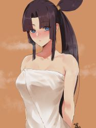 Rule 34 | 1girl, absurdres, arms behind back, blinkblink art, blush, breasts, breasts apart, brown hair, closed mouth, collarbone, fate/grand order, fate (series), heart, heart-shaped pupils, highres, long hair, looking at viewer, medium breasts, naked towel, nose blush, nude, orange background, parted bangs, ponytail, sidelocks, signature, simple background, solo, steaming body, sweat, symbol-shaped pupils, towel, ushiwakamaru (fate), very long hair, white towel