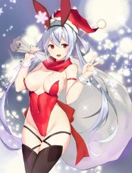 Rule 34 | 1girl, :d, animal ears, armlet, black thighhighs, breasts, cleavage, covered navel, cowboy shot, fake animal ears, hairband, hat, highleg, highleg leotard, highres, large breasts, leotard, long hair, looking at viewer, matoi (pso2), nakamura nagare, open mouth, phantasy star, phantasy star online 2, rabbit ears, red eyes, sack, santa hat, silver hair, smile, solo, thighhighs, twintails, v, very long hair, wrist cuffs