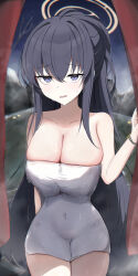 Rule 34 | 1girl, absurdres, archi (aruki), black hair, blue archive, blush, breasts, cleavage, collarbone, covered navel, cowboy shot, hair between eyes, halo, highres, large breasts, long hair, naked towel, onsen, open mouth, purple eyes, rock, solo, towel, ui (blue archive), very long hair, water, white towel, yellow halo