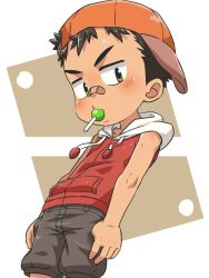 Rule 34 | 1boy, aged down, ame-chan (tjugemu), bandaid, bandaid on face, bandaid on nose, black hair, blush, brown shorts, candy, child, collarbone, elbow, eyebrows, eyelashes, fingers in pockets, food, food in mouth, food on face, frown, green eyes, hands in pockets, hat, highres, hood, hood down, jacket, jockey, licking, lollipop, looking at viewer, male focus, multicolored background, multicolored clothes, multicolored jacket, open mouth, pocket, red jacket, shadow, shiny clothes, shiny skin, shorts, simple background, sleeveless, sleeveless jacket, solo, spiked hair, standing, tjugemu, white background