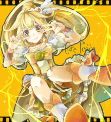 Rule 34 | 10s, 1girl, :&gt;, bike shorts, bike shorts under skirt, blonde hair, boots, bow, character name, cure peace, double v, dress, electricity, eyelashes, hair flaps, hair ornament, hairpin, kise yayoi, long hair, lunica, magical girl, orange shorts, precure, rukashima, shorts, shorts under skirt, skirt, smile precure!, solo, tears, v, wide ponytail, wrist cuffs, yellow background, yellow bow, yellow dress, yellow eyes, yellow skirt, yellow theme