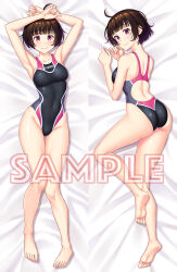 Rule 34 | 1girl, armpits, arms up, ass, back, back focus, bare legs, barefoot, bed sheet, black one-piece swimsuit, blunt bangs, blush, breasts, commentary request, competition swimsuit, dakimakura (medium), feet, full body, highleg, highleg swimsuit, kuri (kurigohan), looking at viewer, lying, medium breasts, multiple views, on back, on stomach, one-piece swimsuit, original, presenting armpit, red eyes, sample watermark, short hair, smile, solo, swimsuit, watermark