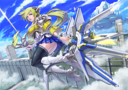 Rule 34 | 1girl, aro (charged time out), ass, bad id, bad pixiv id, blonde hair, blue eyes, boots, flying, knee boots, legs, lips, long hair, mecha musume, no panties, original, ponytail, skirt, solo, sword, thighhighs, very long hair, weapon, zettai ryouiki