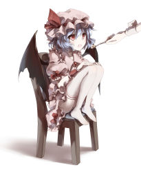 Rule 34 | 2girls, absurdres, bat wings, blue hair, brooch, chair, commentary request, dena.ei, dress, feeding, food, hat, hat ribbon, highres, izayoi sakuya, jewelry, multiple girls, open mouth, pink dress, pudding, puffy short sleeves, puffy sleeves, red eyes, remilia scarlet, ribbon, short sleeves, simple background, sitting, solo focus, spoon, thighhighs, touhou, white legwear, wings, wrist cuffs