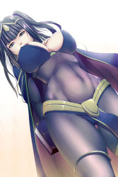 Rule 34 | 1girl, armor, arms behind back, belt, black hair, blue eyes, bodysuit, book, breasts, cape, covered erect nipples, covered navel, dutch angle, fire emblem, fire emblem awakening, hair ornament, harihisa, highres, jewelry, large breasts, loincloth, long hair, navel, nintendo, open mouth, pauldrons, purple eyes, shoulder armor, simple background, skin tight, skindentation, solo, tharja (fire emblem), thigh gap, two side up, white background