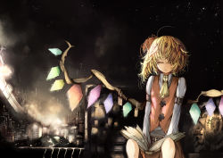 Rule 34 | 1girl, adapted costume, arm strap, ascot, belt, blonde hair, book, city lights, cityscape, flandre scarlet, glowing, glowing wings, hair ribbon, highres, kyuu (plastic night q), long sleeves, messy hair, night, ribbon, scenery, shirt, side ponytail, sitting, skirt, skirt set, sky, sleeping, solo, star (sky), starry sky, touhou, vest, wings