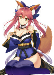 Rule 34 | 1girl, animal ear fluff, animal ears, bare shoulders, blue bow, blue kimono, blue thighhighs, blush, bow, breasts, brown eyes, cleavage, closed mouth, collarbone, depressed, detached collar, detached sleeves, fate/grand order, fate (series), fox ears, fox girl, full body, hair bow, hands on own chest, head tilt, highres, ishigami kazui, japanese clothes, kimono, large breasts, loincloth, long hair, long sleeves, looking at viewer, obi, sash, short kimono, side ponytail, simple background, sitting, smile, solo, strapless, tamamo (fate), tamamo no mae (fate/extra), thighhighs, twintails, wariza, white background, wide sleeves