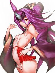 Rule 34 | 1girl, arched back, ass, bare shoulders, blazblue, breasts, cameltoe, cowboy shot, detached sleeves, covered erect nipples, fumio (rsqkr), hades izanami, hair between eyes, hair ornament, horns, long hair, looking at viewer, mikado (blazblue), ponytail, purple eyes, purple hair, red eyes, shirt, sideboob, simple background, single horn, sleeveless, sleeveless shirt, small breasts, solo, thighs, very long hair, white background, wide sleeves
