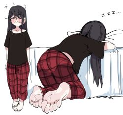 Rule 34 | ..., 1girl, against bed, barefoot, black hair, black nails, black shirt, brown eyes, character request, copyright request, highres, leaning on object, long hair, nail polish, on bed, pajamas, pants, plaid, plaid pants, red pants, sero, shirt, sleepy, soles, toenail polish, toenails, toes, zzz