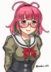Rule 34 | 1girl, ahoge, arms behind back, breasts, corset, glasses, green hair, grey sailor collar, juliet sleeves, kantai collection, large breasts, long sleeves, looking at viewer, maakun (makun dx), multicolored hair, neckerchief, one-hour drawing challenge, pink-framed eyewear, pink hair, ponytail, puffy sleeves, red eyes, red neckerchief, sailor collar, sailor shirt, school uniform, serafuku, shirt, short hair, simple background, solo, streaked hair, twitter username, ume (kancolle), upper body, white background
