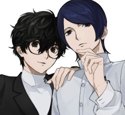 Rule 34 | 2boys, amamiya ren, black eyes, black hair, black jacket, blue hair, buttons, closed mouth, glasses, hand on another&#039;s shoulder, jacket, kitagawa yuusuke, long sleeves, looking at viewer, male focus, mudo on8, multiple boys, persona, persona 5, shirt, simple background, upper body, white background, white shirt