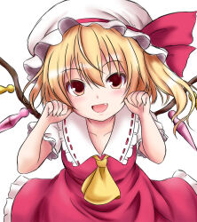 Rule 34 | 1girl, :d, ascot, blonde hair, clenched hands, collarbone, crystal, fang, flandre scarlet, hat, hat ribbon, highres, looking at viewer, matelia, mob cap, one side up, open mouth, red ribbon, red shirt, red skirt, ribbon, shirt, short sleeves, simple background, skirt, smile, solo, touhou, white background, white hat, wings, yellow ascot, yellow eyes