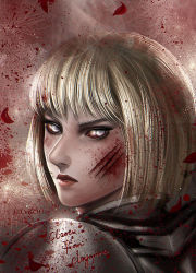 Rule 34 | 1girl, armor, blonde hair, blood, cape, clare (claymore), claymore (series), gradient background, grey eyes, lips, looking at viewer, nose, scar, short hair, solo