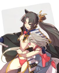 Rule 34 | 10s, 2girls, armor, black hair, breasts, closed eyes, commentary request, echo (circa), fate/grand order, fate (series), grey hair, holding, holding sword, holding weapon, hug, ima-no-tsurugi, japanese armor, japanese clothes, kusazuri, long hair, looking to the side, multiple girls, one eye closed, open mouth, panties, pom pom (clothes), red panties, revealing clothes, side ponytail, sideboob, simple background, smile, sword, touken ranbu, underwear, ushiwakamaru (fate), ushiwakamaru (third ascension) (fate), very long hair, weapon