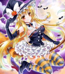 Rule 34 | 1girl, alternate costume, at classics, bare shoulders, bat (animal), black gloves, blonde hair, breasts, broom, broom riding, brown eyes, cleavage, elbow gloves, female focus, food-themed hair ornament, full moon, gloves, hair ornament, halloween, hand on headwear, hat, jack-o&#039;-lantern, kirisame marisa, large breasts, long hair, moon, pumpkin hair ornament, sample watermark, solo, striped clothes, striped thighhighs, thighhighs, touhou, traditional media, very long hair, watermark, witch, witch hat