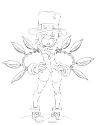 Rule 34 | 1girl, ankle boots, bad id, bad tumblr id, blush, boots, bow, bowtie, extra eyes, flat chest, gloves, greyscale, hands on own hips, hat, highres, leotard, lineart, maniacpaint, mechanical arms, monochrome, one eye closed, peacock (skullgirls), pigeon-toed, sharp teeth, short hair, skullgirls, teeth, thighhighs, top hat, wink, unfinished
