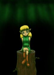 Rule 34 | 1girl, animated, animated gif, blinking, blonde hair, blue eyes, boots, crossed legs, fado (ocarina of time), kokiri, looking at viewer, looping animation, nintendo, pointy ears, sitting, solo, the legend of zelda, the legend of zelda: ocarina of time, tree stump, twintails