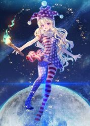 Rule 34 | 1girl, american flag dress, american flag legwear, american flag shirt, blonde hair, breasts, character name, clownpiece, collar, fire, frilled collar, frilled shirt collar, frills, full body, hat, jester cap, long hair, looking at viewer, miyuki ruria, moon, open mouth, pantyhose, polka dot, purple eyes, short sleeves, small breasts, solo, space, star (symbol), striped clothes, striped pantyhose, torch, touhou