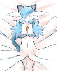 Rule 34 | 1girl, alternate color, animal ears, bed, blue hair, breasts, cat ears, cat tail, creatures (company), dakimakura (medium), game freak, gardevoir, gen 3 pokemon, kaceuth, looking at viewer, lying, navel, nintendo, orange eyes, outstretched arms, pokemon, pokemon (creature), reaching, shiny pokemon, short hair, simple background, smile, solo, tail