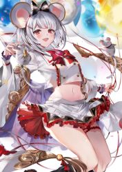Rule 34 | 1girl, :d, animal, animal ears, balloon, bow, bowtie, brooch, collared shirt, crop top, crop top overhang, fake animal ears, granblue fantasy, hairband, heart, heart brooch, highres, holding, jewelry, kneehighs, looking at viewer, midriff, miniskirt, mouse (animal), mouse ears, navel, open mouth, pleated skirt, red eyes, shirt, short hair, silver hair, skirt, smile, socks, solo, soraneko hino, thighs, vikala (granblue fantasy), white shirt, white skirt, wide sleeves
