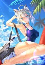 Rule 34 | 1girl, absurdres, animal ear fluff, animal ears, ass, assault rifle, barefoot, blue archive, blue eyes, blue sky, blurry, breasts, cleavage, cloud, cloudy sky, coconut tree, collarbone, commentary request, competition swimsuit, cross hair ornament, depth of field, from below, grey hair, gun, hair between eyes, hair ornament, halo, highres, large breasts, legs, looking at viewer, medium breasts, medium hair, mismatched pupils, ocean, one-piece swimsuit, palm tree, parted lips, plastic bottle, ponytail, rifle, shiroko (blue archive), shiroko (swimsuit) (blue archive), sidelocks, sig sauer 556, sitting, sky, sleeveless, solo, sunlight, swimsuit, sysen, tree, weapon, wet, wet clothes, wet swimsuit, wolf ears, wolf girl