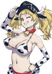 Rule 34 | 1girl, 2021, animal ears, animal print, arado balanga (xchd7538), arm up, bad id, bad pixiv id, bell, bikini, blonde hair, blue eyes, breasts, chinese zodiac, collar, collarbone, covered erect nipples, cow horns, cow print, cowbell, detached sleeves, ear tag, fake animal ears, hand on headwear, hand on own hip, highres, horns, horns through headwear, large breasts, long hair, monica weisswind, monika weisswind, navel, neck bell, one eye closed, red collar, shingeki no bahamut, simple background, skirt, smile, solo, swimsuit, teeth, twintails, white background, white horns, year of the ox