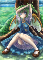 Rule 34 | 1girl, adjusting hair, arms up, ascot, bad id, bad pixiv id, blue dress, blue eyes, blue sky, breasts, cloud, daiyousei, day, dress, fairy, fairy wings, female focus, grass, green hair, highres, knees together feet apart, lake, large breasts, looking at viewer, mountain, mouth hold, panties, pantyshot, petticoat, puffy sleeves, ribbon, ribbon in mouth, runathito, shirt, short sleeves, side ponytail, sitting, sky, solo, touhou, tree, tying hair, underwear, upskirt, white panties, wings
