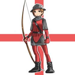 Rule 34 | 1girl, armor, black footwear, bow (weapon), brown hair, england, leggings, red leggings, weapon
