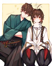 Rule 34 | 1boy, 1other, ahoge, ahoge wag, amulet, androgynous, black hair, black hakama, blue kimono, blush, braid, braided ponytail, brown hair, closed eyes, crossed arms, expressive hair, fate/grand order, fate/samurai remnant, fate (series), green kimono, hair intakes, hakama, hakama pants, highres, index fingers together, japanese clothes, jewelry, kimono, leaning on person, miyamoto iori (fate), multicolored pants, necklace, orange eyes, outside border, pants, pendant, red eyes, sidelocks, simple background, single braid, sitting, sleeping, sleeping on person, square background, sweat, topknot, twiddling fingers, yamato takeru (fate), yui (tamagohan), zzz
