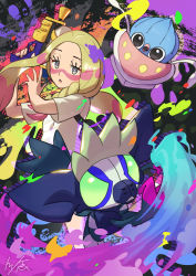 Rule 34 | 1girl, :o, blonde hair, bright pupils, commentary request, creatures (company), facepaint, game freak, gen 6 pokemon, grafaiai, grey eyes, highres, holding, holding weapon, inkay, long hair, looking at viewer, mina (pokemon), nintendo, open mouth, paint, pokemon, pokemon (creature), pokemon sm, shirt, short sleeves, tom (pixiv10026189), weapon, white shirt