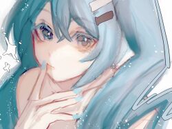 Rule 34 | 1girl, blue eyes, blue hair, blue nails, chinese commentary, collarbone, dong taoxiang, finger to mouth, hair between eyes, hair ornament, hairclip, hatsune miku, highres, long hair, looking at viewer, nude, portrait, procreate (medium), sketch, solo, sparkle, twintails, vocaloid, white background