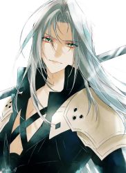 Rule 34 | 1boy, 3wa tari, aqua eyes, armor, black jacket, chest strap, final fantasy, final fantasy vii, grey hair, jacket, long hair, looking at viewer, masamune (ff7), over shoulder, parted bangs, pectorals, sephiroth, shoulder armor, solo, straight hair, upper body, weapon, weapon over shoulder, white background