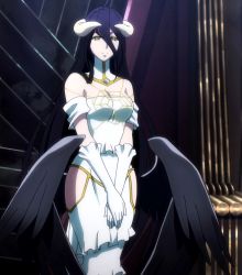 Rule 34 | 1girl, albedo (overlord), bare shoulders, black hair, breasts, cleavage, demon, demon girl, dress, female focus, gloves, highres, hip vent, horns, large breasts, long hair, looking at viewer, overlord (maruyama), purple hair, screencap, solo, stitched, demon girl, third-party edit, wings, yellow eyes