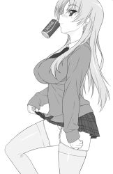 Rule 34 | 10s, 1girl, alternate costume, blush, boku wa tomodachi ga sukunai, breasts, can, cardigan, clothes lift, coca-cola, dress shirt, drink can, from side, garter straps, greyscale, highres, large breasts, long hair, looking at viewer, miniskirt, monochrome, necktie, panties, pleated skirt, school uniform, shichimenchou, shirt, skindentation, skirt, skirt lift, soda can, solo, standing, takayama kate, thighhighs, underwear, upskirt