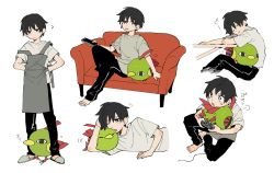 Rule 34 | 1boy, ?, apron, barefoot, black hair, black pants, commentary request, controller, couch, creatures (company), game freak, gen 2 pokemon, grey apron, grey footwear, holding, holding controller, holding remote control, lying, male focus, multiple views, natu, newo (shinra-p), nintendo, on side, one eye closed, pants, playing games, pokemon, pokemon (creature), remote control, shirt, short hair, short sleeves, simple background, sitting, sleeping, slippers, standing, sweatdrop, t-shirt, toes, white background
