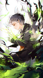 Rule 34 | 1boy, black hair, blurry, collared shirt, commentary request, eyelashes, closed eyes, fantasy, fate/grand order, fate (series), formal, gloves, glowing, hair between eyes, highres, magic, majamari, scenery, sherlock holmes (fate), shirt, short hair, solo, standing, suit, white gloves