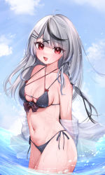 Rule 34 | 1girl, :d, arms behind back, bikini, black bikini, black hair, blush, braid, breasts, cleavage, cowboy shot, day, fang, grey hair, hair ornament, hairclip, highres, hololive, long sleeves, medium breasts, multicolored hair, navel, off shoulder, open mouth, outdoors, red eyes, rryiup, sakamata chloe, side-tie bikini bottom, smile, solo, standing, stomach, streaked hair, swimsuit, virtual youtuber, wading, water, wet