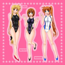 Rule 34 | 00s, 3girls, adapted costume, blonde hair, blue eyes, brown hair, character name, competition swimsuit, fate testarossa, hair ornament, high heels, highres, long hair, looking at viewer, low-tied long hair, lyrical nanoha, mahou shoujo lyrical nanoha strikers, multiple girls, one-piece swimsuit, orange hair, purple eyes, red eyes, red hair, sen (sansui), side ponytail, star (symbol), swimsuit, takamachi nanoha, v, very long hair, x hair ornament, yagami hayate