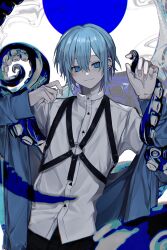 Rule 34 | 1boy, 75mm sad, absurdres, bishounen, blue hair, chest harness, eyelashes, hair between eyes, harness, highres, jacket, light blue hair, long sleeves, looking at viewer, male focus, monster boy, o-ring, off shoulder, open clothes, open jacket, original, ringed eyes, shirt, short hair, smile, solo, tentacles, upper body, white shirt